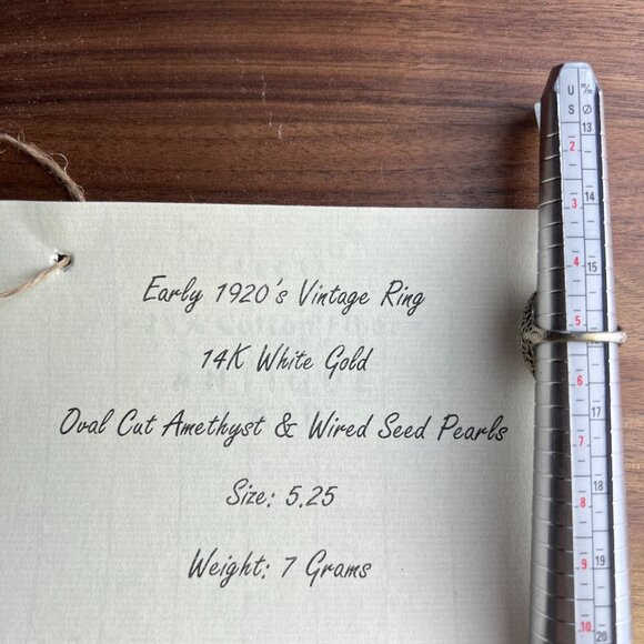 Antique 1920's Amethyst & Wired Seed Pearl Filigree Ring Set In 14k White Gold - Picture 7 of 8